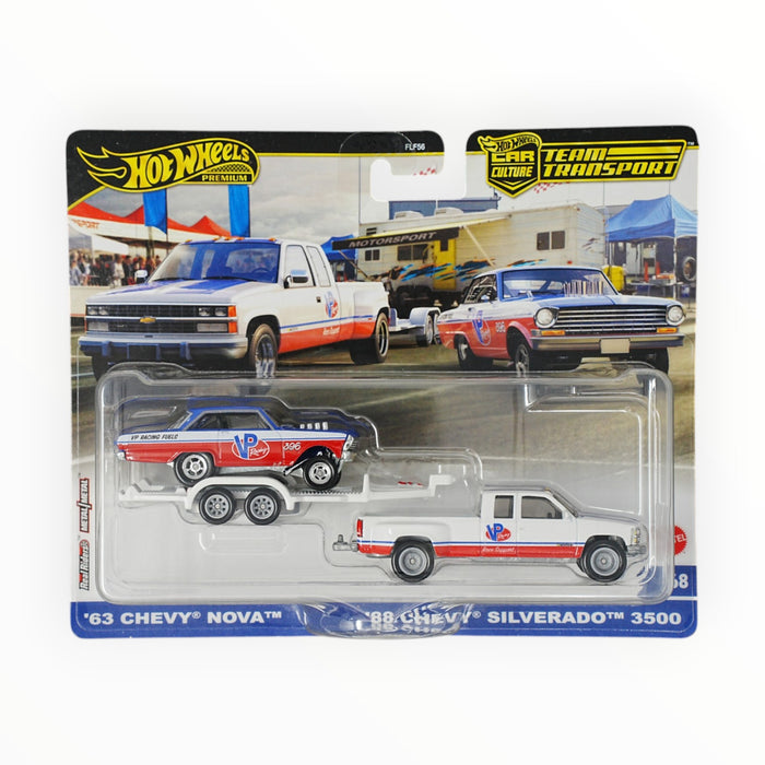 Hot Wheels '63 Chevy Nova / HW Rally Trailer / '88 Chevy Silverado 3500 - Car Culture: Team Transport (2024) #71