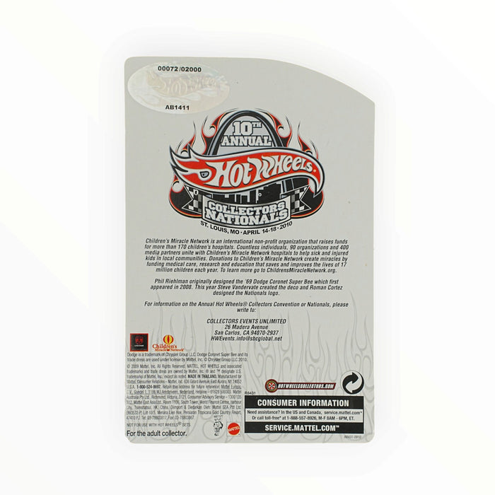 Hot Wheels '69 Dodge Coronet Super Bee - Collectors Nationals (2010) Low Number # 72/2000